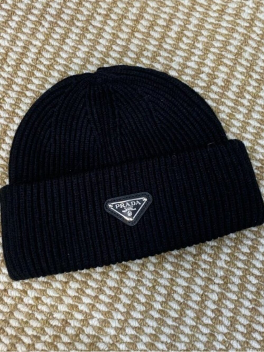 Prada Black Ribbed Knit Hat